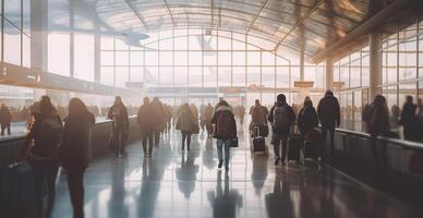 aeroporto costruzione, internazionale terminale, affrettandosi persone per terra, sfocato sfondo - ai generato Immagine foto