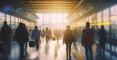 aeroporto costruzione, internazionale terminale, affrettandosi persone per terra, sfocato sfondo - ai generato Immagine foto