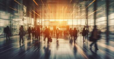 aeroporto costruzione, internazionale terminale, affrettandosi persone per terra, sfocato sfondo - ai generato Immagine foto