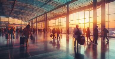 aeroporto costruzione, internazionale terminale, affrettandosi persone per terra, sfocato sfondo - ai generato Immagine foto