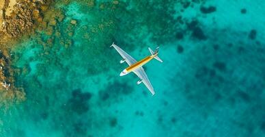 superiore giù Visualizza di bianca aereo volante al di sopra di blu mare, oceano, viaggiare, vacanza concetto - ai generato Immagine foto