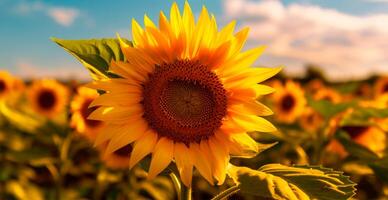 campo di girasoli nel fioritura, caldo soleggiato estate, panoramico luminosa sfondo - ai generato Immagine foto