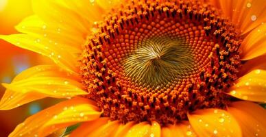 campo di girasoli nel fioritura, caldo soleggiato estate, macro tiro - ai generato Immagine foto