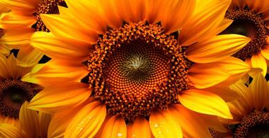 campo di girasoli nel fioritura, caldo soleggiato estate, macro tiro - ai generato Immagine foto