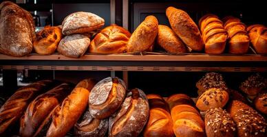 fresco al forno pane su forno vetrina, Grano prodotti - ai generato Immagine foto