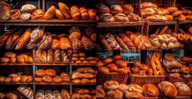 fresco al forno pane su forno vetrina, Grano prodotti - ai generato Immagine foto