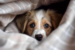 adorabile cucciolo nascosto e sbirciando a partire dal lenzuolo. ai generato foto