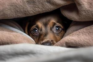 adorabile cucciolo nascosto e sbirciando a partire dal lenzuolo. ai generato foto