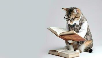 carino animale domestico gatto con occhiali e ha aperto libro. ai generato. foto