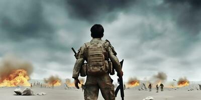 indietro Visualizza di un' soldato a piedi nel campo di battaglia. ai generato foto
