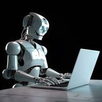 futuristico robot utilizzando computer il computer portatile. ai generato foto