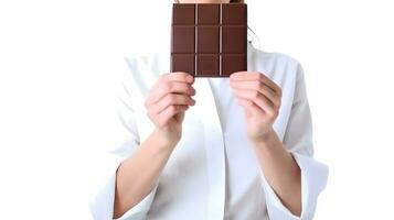 cioccolato bar tenuto di mano. isolato su bianca. ai generato foto