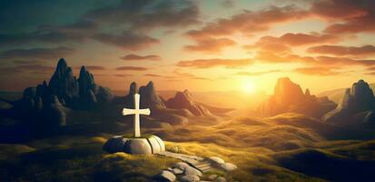 cristiano attraversare su collina a tramonto. ai generato foto