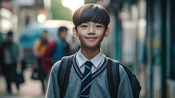 asiatico alunno ragazzo con zaino sorridente. concetto di indietro per scuola. ai generato foto