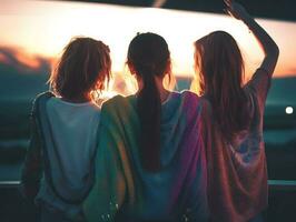 tre ragazza amici Condividere gioioso momento e felicità a tramonto. ai generato foto