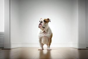 bulldog in piedi nel il camera creato con generativo ai foto
