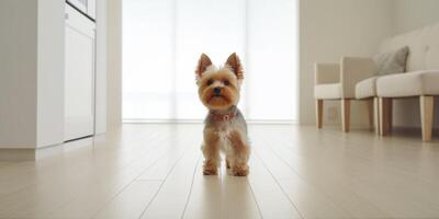 carino yorkshire terrier in piedi nel minimalista vivente camera - ai generativo foto