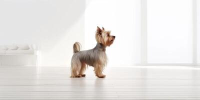 carino yorkshire terrier in piedi nel minimalista vivente camera - ai generativo foto