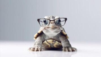 un' tartaruga indossare bicchieri è mostrato con un' bianca sfondo. - generativo ai foto