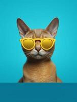 ritratto di un' abissino gatto indossare giallo occhiali da sole su un' blu sfondo. generativo ai foto