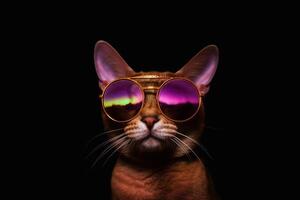 abissino gatto indossare occhiali da sole isolato su nero sfondo. studio sparo. generativo ai foto