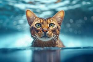 ritratto di abissino gatto guardare a telecamera mentre nuoto nel acqua - generativo ai foto