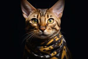 ritratto di un' Bengala gatto nel un' sciarpa su un' nero sfondo. generativo ia foto