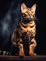 studio fotografia di un' Bengala gatto su colorato sfondi, faretti. generativo ai foto