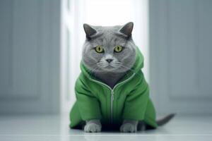 russo blu gatto indossare verde giacca nel casa. generativo ai foto