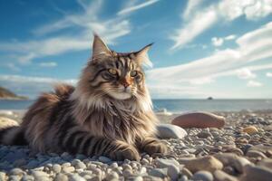 Maine coon gatto dire bugie su il spiaggia con blu cielo sfondo. generativo ai foto