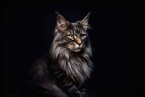 ritratto di un' Maine coon gatto su un' nero sfondo. generativo ai foto