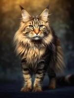 ritratto di un' dai capelli lunghi Maine coon gatto su buio sfondo. generativo ai foto