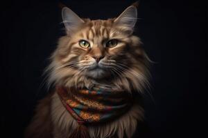 ritratto di Maine coon gatto indossare rosso sciarpa su nero sfondo. generativo ai foto