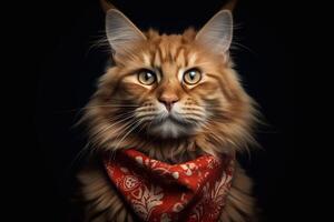 ritratto di Maine coon gatto indossare rosso sciarpa su nero sfondo. generativo ai foto