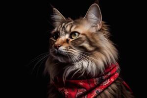 ritratto di Maine coon gatto indossare rosso sciarpa su nero sfondo. generativo ai foto