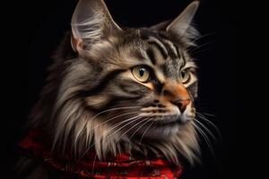 ritratto di Maine coon gatto indossare rosso sciarpa su nero sfondo. generativo ai foto