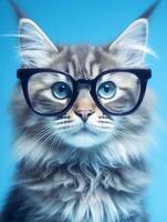 Zenzero Maine coon gatto indossare occhiali su blu sfondo. generativo ai foto