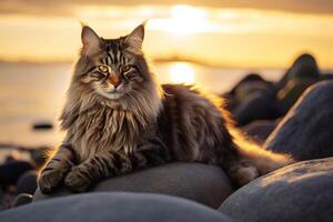 bellissimo Maine coon gatto su il riva del mare a tramonto. generativo ai foto