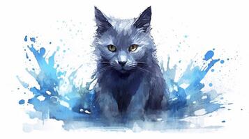 acquerello illustrazione di un' russo blu gatto con spruzzi su un' bianca sfondo. generativo ai foto