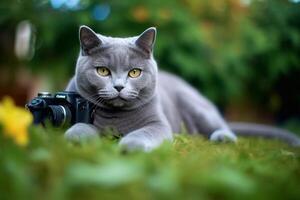 bellissimo grigio gatto seduta su il erba con un' telecamera. generativo ai foto