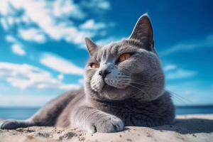 russo blu gatto su il spiaggia con blu cielo e nuvole sfondo. generativo ai foto