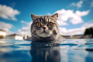 carino gatto nuoto nel nuoto piscina con blu cielo e nuvole sfondo. generativo ai foto