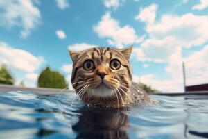 carino gatto nuoto nel nuoto piscina con blu cielo e nuvole sfondo. generativo ai foto