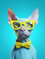 divertente gatto con giallo bicchieri su blu sfondo. generativo ai foto