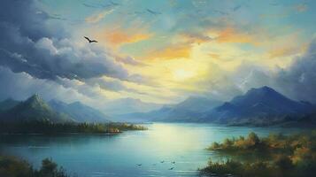 digitale pittura di un' montagna paesaggio con un' lago e un' gregge di uccelli. generativo ai foto