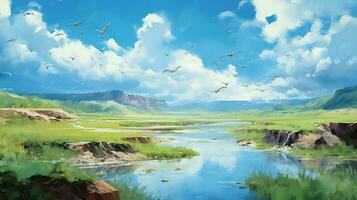 digitale pittura di un' montagna paesaggio con un' lago e un' gregge di uccelli. generativo ai foto