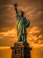 statua di libertà a tramonto nel nuovo York città, Stati Uniti d'America. generativo ai foto