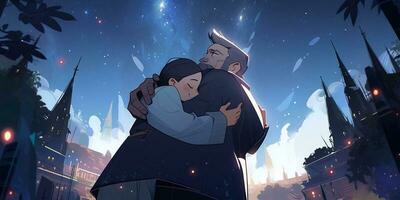 un' padre detiene e abbracci il suo poco ragazza a notte nel anime stile foto