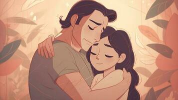 illustrazione di un' padre abbracci il suo figlia nel un' caldo e sentito abbraccio nel cartone animato stile foto