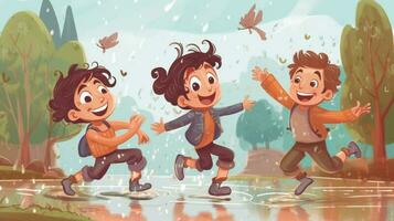contento bambini giocando nel il pioggia. generativo ai foto
